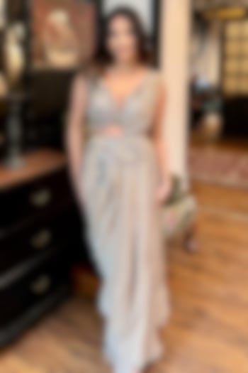 Gold Premium Sequins Embellished Pre-Draped Party Wear Saree Set by Tanaksh at Pernia's Pop Up Shop