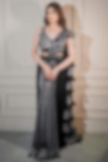 Black & Grey Imported Lycra Pre-Draped Party Wear Saree Set by Tanaksh at Pernia's Pop Up Shop