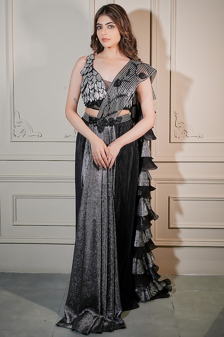 Black & Grey Imported Lycra Pre-Draped Party Wear Saree Set by Tanaksh at Pernia's Pop Up Shop