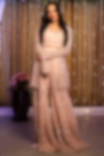 Light Pink Net Sequins Embroidered Jacket Set by Tanaksh at Pernia's Pop Up Shop