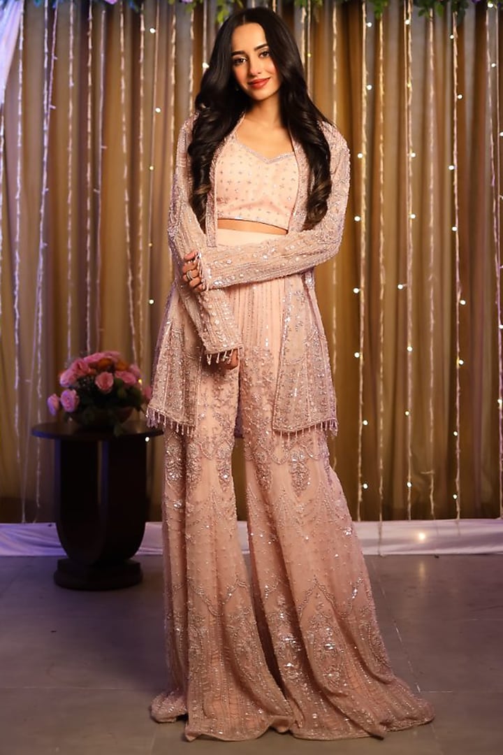 Light Pink Net Sequins Embroidered Jacket Set by Tanaksh at Pernia's Pop Up Shop