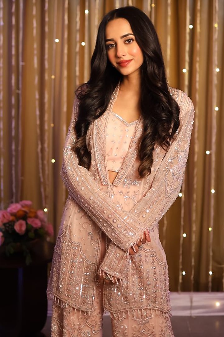 Light Pink Net Sequins Embroidered Jacket Set by Tanaksh at Pernia's Pop Up Shop