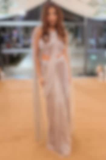 Silver Net Embroidered Jacket Pre-Draped Wedding Saree Set by Tanaksh at Pernia's Pop Up Shop