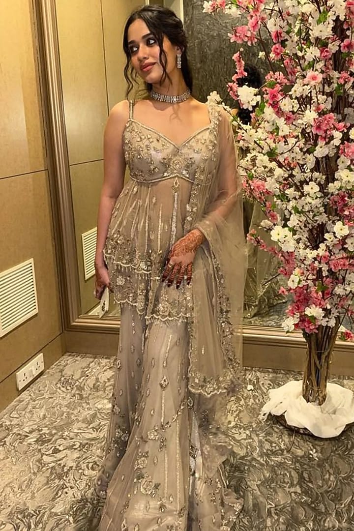 Silver Net Sequins Embroidered Wedding Sharara Set by Tanaksh at Pernia's Pop Up Shop