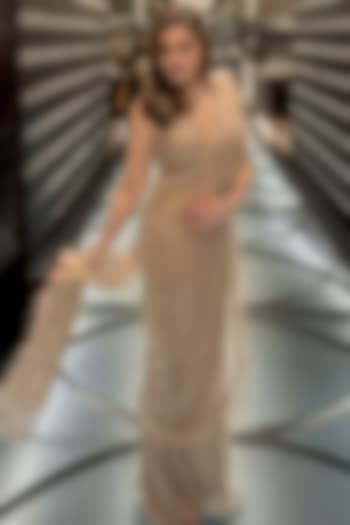 Golden Brown Net Sequins Embellished Pre-Draped Wedding Saree Set by Tanaksh at Pernia's Pop Up Shop