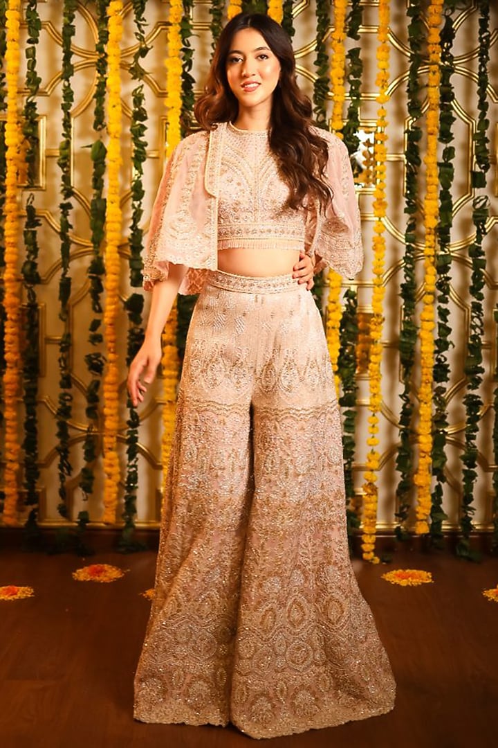 Pink Net Cutdana Embellished Cape Set by Tanaksh at Pernia's Pop Up Shop