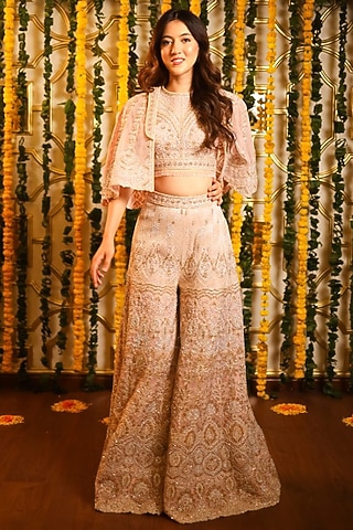 Pink Net Cutdana Embellished Cape Set by Tanaksh