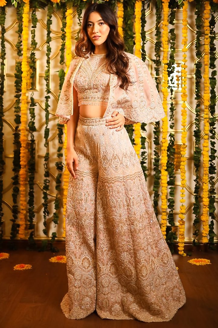 Pink Net Cutdana Embellished Cape Set by Tanaksh at Pernia's Pop Up Shop
