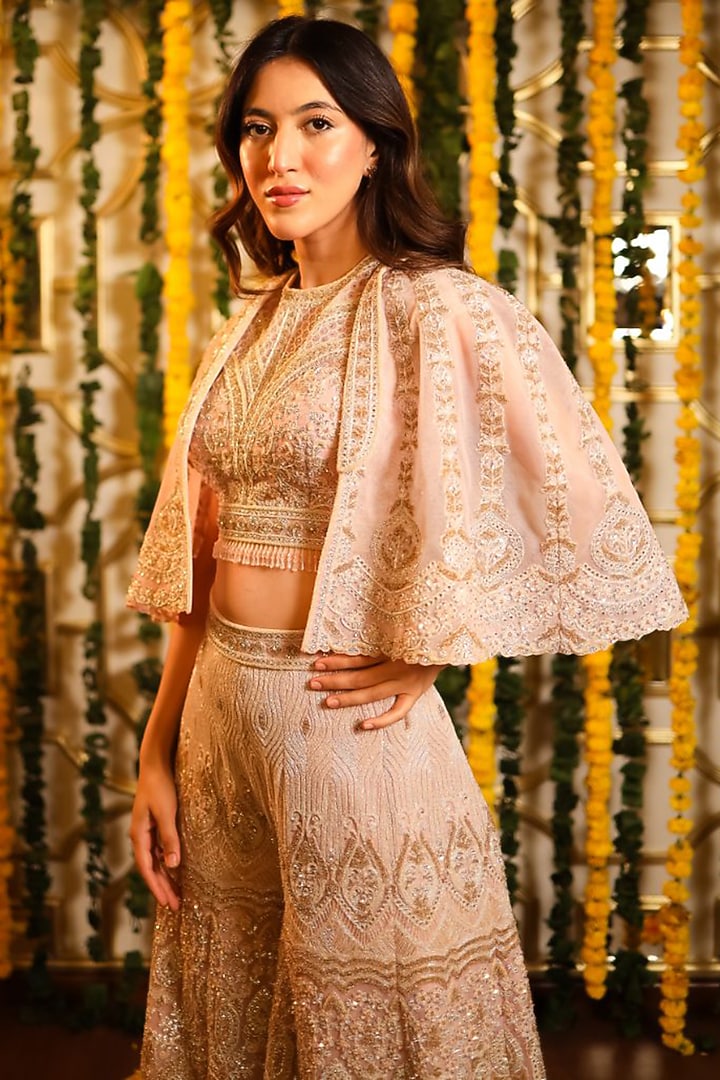 Pink Net Cutdana Embellished Cape Set by Tanaksh at Pernia's Pop Up Shop