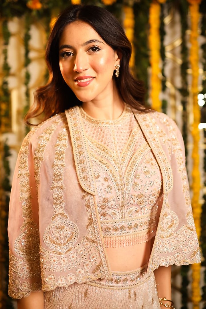 Pink Net Cutdana Embellished Cape Set by Tanaksh at Pernia's Pop Up Shop