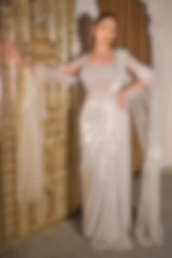 Ivory Foil Georgette Draped Wedding Saree Set by Tanaksh at Pernia's Pop Up Shop