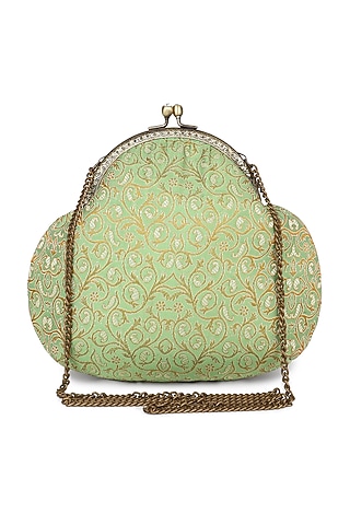 Green Brocade Stone Embellished Potli by Tarini Nirula