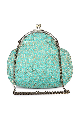 Teal Brocade Stone Embellished Potli by Tarini Nirula