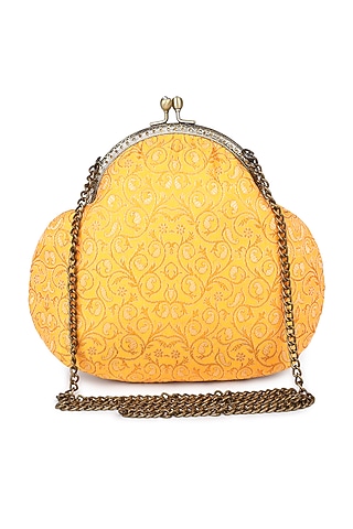 Yellow Brocade Stone Embellished Potli by Tarini Nirula
