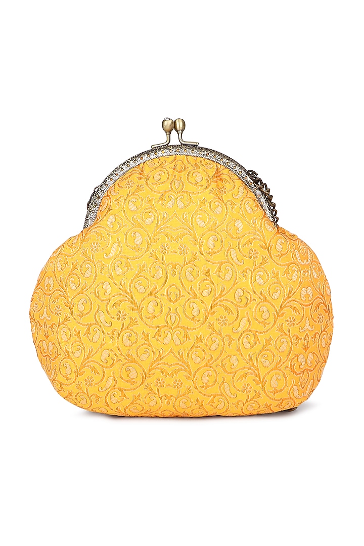 Yellow Brocade Stone Embellished Potli by Tarini Nirula at Pernia's Pop Up Shop