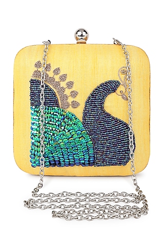 Yellow Poly Silk Zardosi Work Clutch by Tarini Nirula