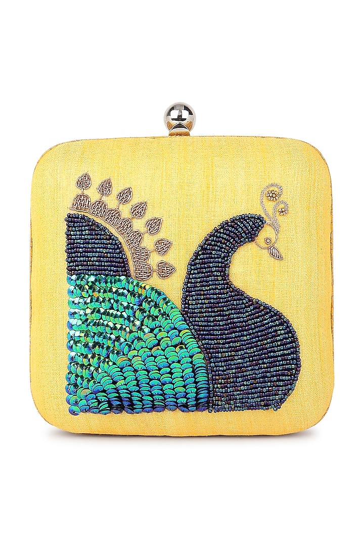 Yellow Poly Silk Zardosi Work Clutch by Tarini Nirula at Pernia's Pop Up Shop