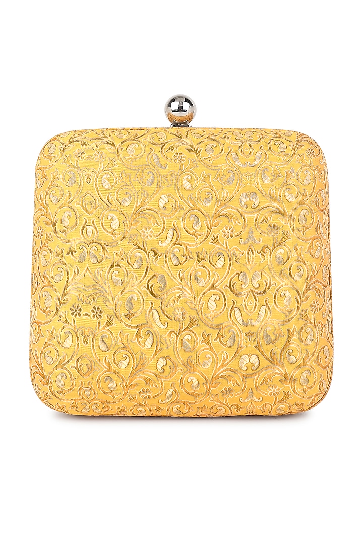 Yellow Poly Silk Zardosi Work Clutch by Tarini Nirula at Pernia's Pop Up Shop