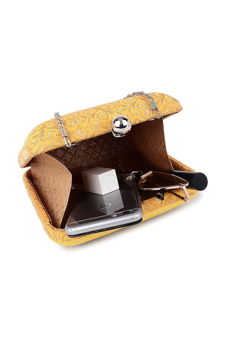 Yellow Poly Silk Zardosi Work Clutch by Tarini Nirula at Pernia's Pop Up Shop
