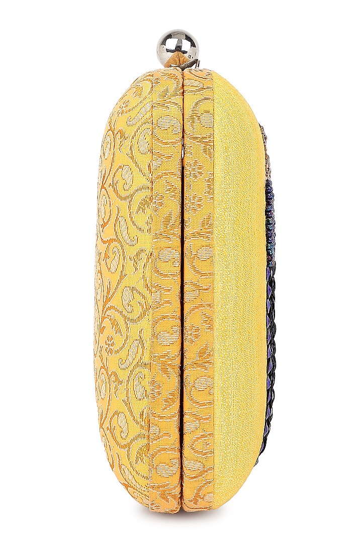 Yellow Poly Silk Zardosi Work Clutch by Tarini Nirula at Pernia's Pop Up Shop