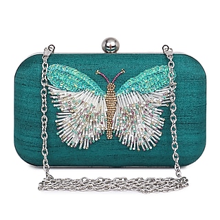 Green Poly Silk Glass Bead Work Clutch by Tarini Nirula