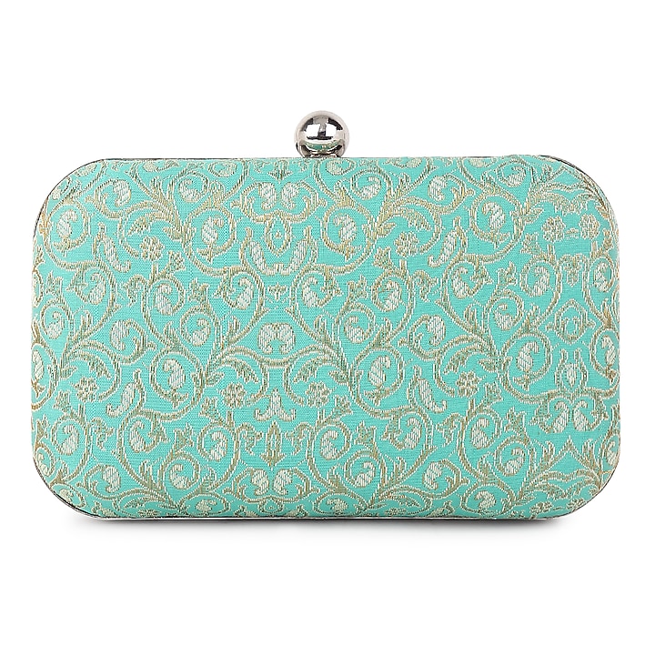 Green Poly Silk Glass Bead Work Clutch by Tarini Nirula at Pernia's Pop Up Shop