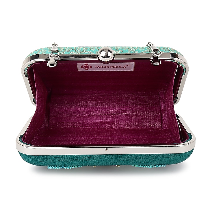 Green Poly Silk Glass Bead Work Clutch by Tarini Nirula at Pernia's Pop Up Shop