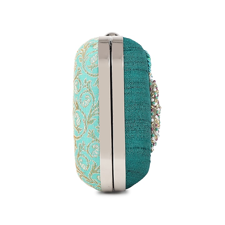 Green Poly Silk Glass Bead Work Clutch by Tarini Nirula at Pernia's Pop Up Shop