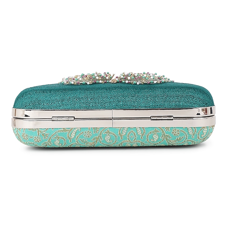 Green Poly Silk Glass Bead Work Clutch by Tarini Nirula at Pernia's Pop Up Shop