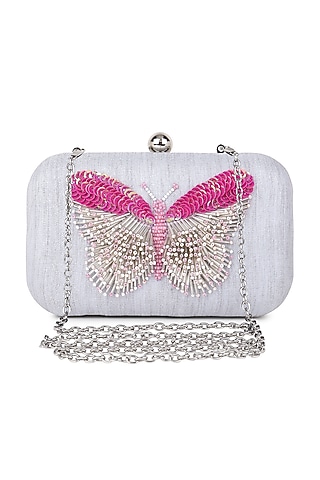Grey Poly Silk Glass Bead Work Clutch by Tarini Nirula