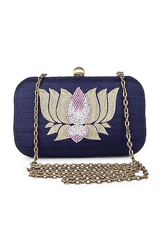 Blue Poly Silk Glass Bead Work Clutch by Tarini Nirula