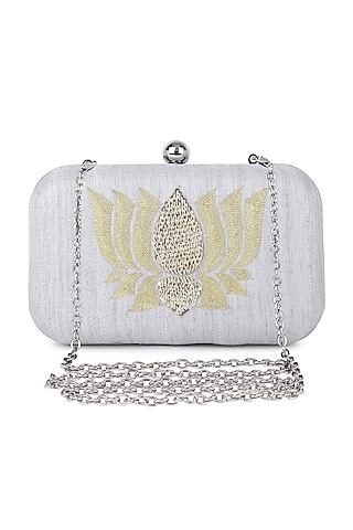 Grey Poly Silk Glass Bead Work Clutch by Tarini Nirula