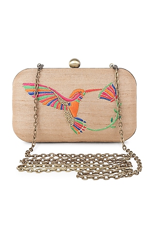 Gold Poly Silk Aari Handwork Clutch by Tarini Nirula