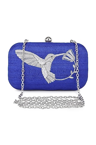 Blue Poly Silk Handwork Clutch by Tarini Nirula