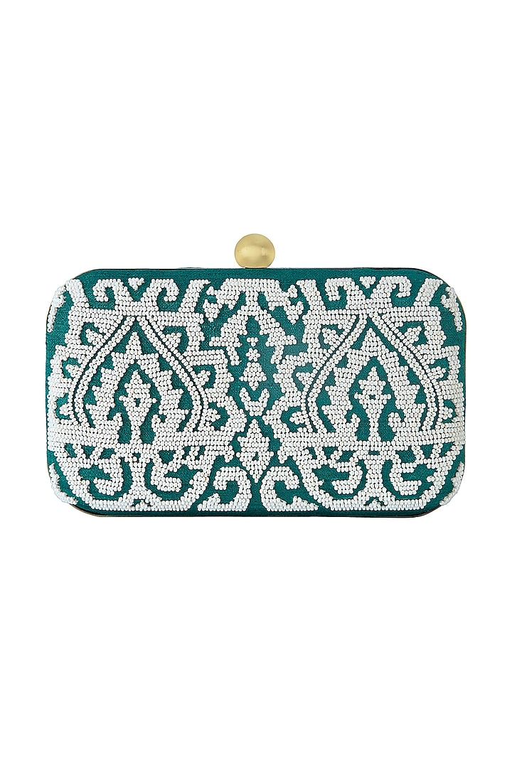 Emerald Green Poly Silk Embroidered Clutch by Tarini Nirula at Pernia's Pop Up Shop