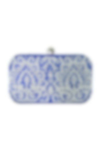 Blue Poly Silk Embroidered Clutch by Tarini Nirula at Pernia's Pop Up Shop