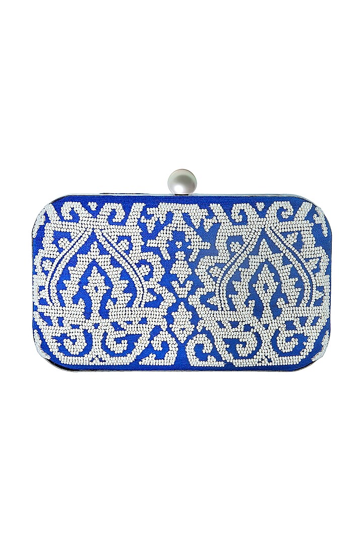 Blue Poly Silk Embroidered Clutch by Tarini Nirula at Pernia's Pop Up Shop