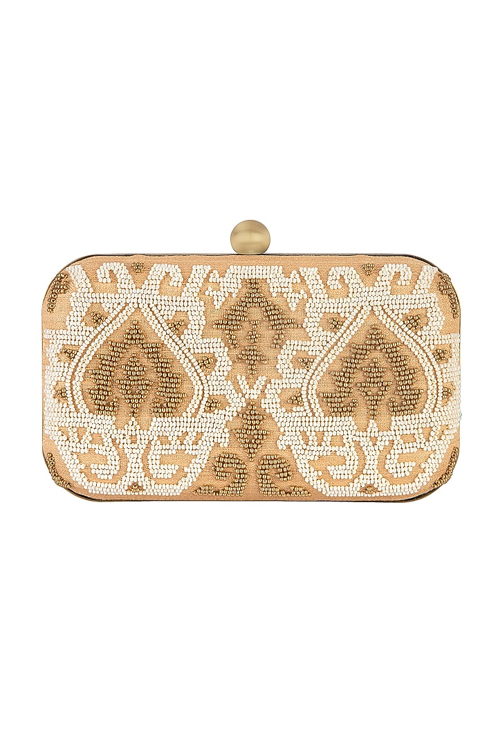 Peach Gold Poly Silk Embroidered Clutch by Tarini Nirula at Pernia's Pop Up Shop