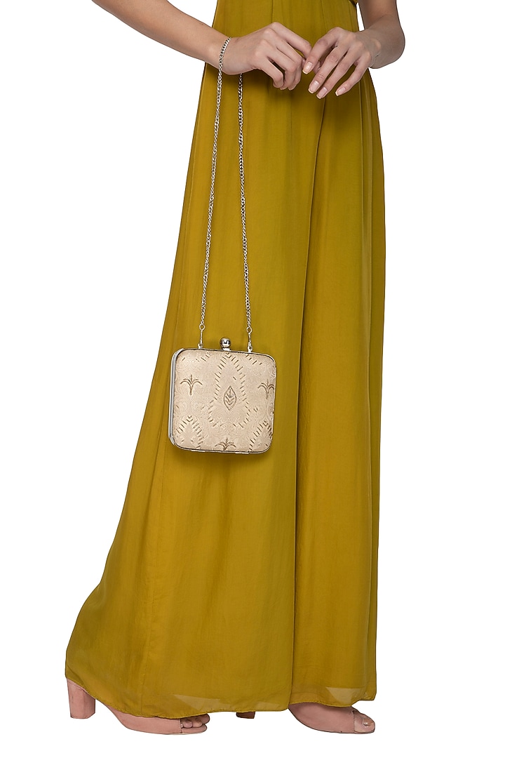 Off White Embellished Brocade Clutch by Tarini Nirula at Pernia's Pop Up Shop