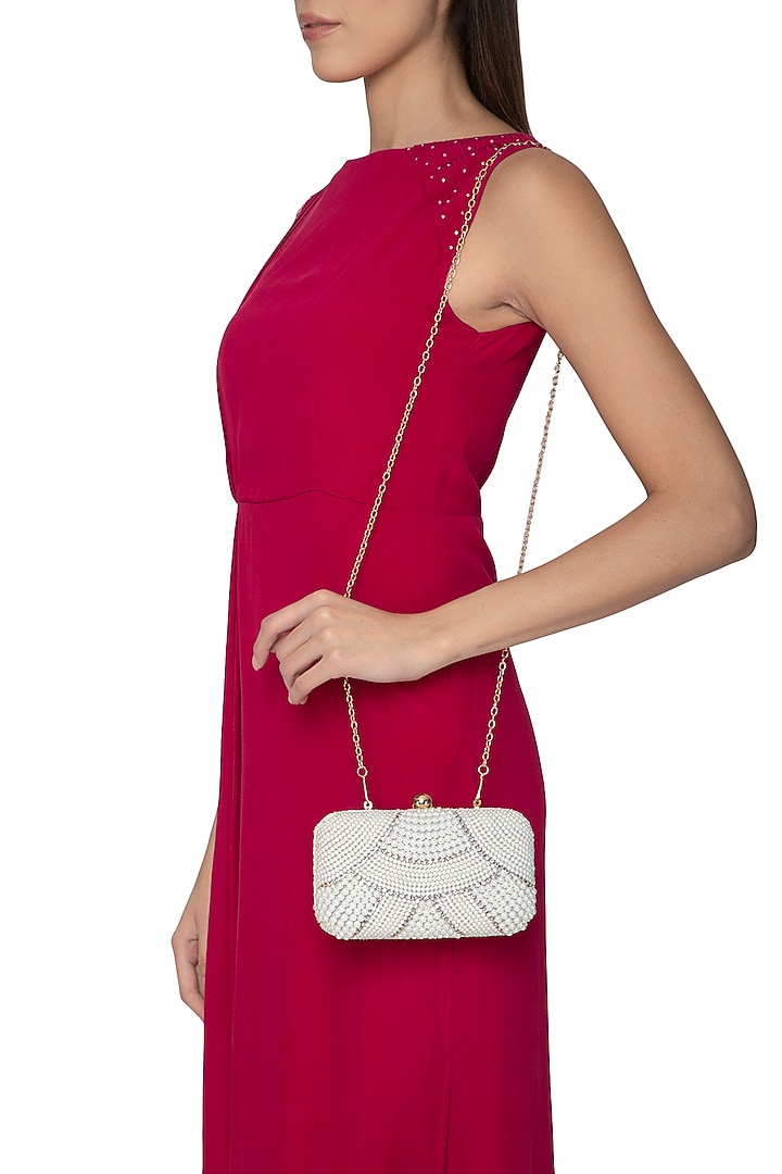 White Pearls Embellished Clutch by Tarini Nirula at Pernia's Pop Up Shop