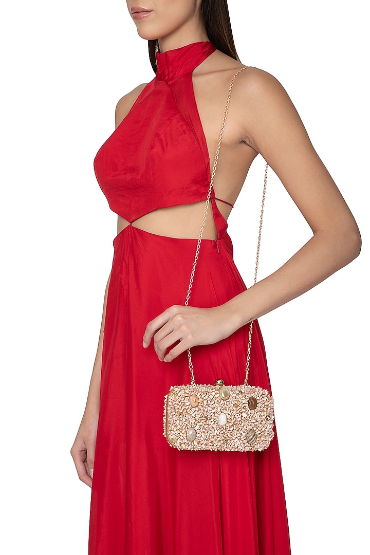 Gold & Peach Embellished Clutch by Tarini Nirula at Pernia's Pop Up Shop