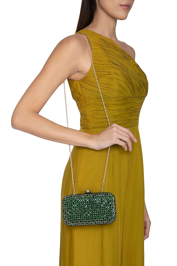 Green Stones Embellished Clutch by Tarini Nirula at Pernia's Pop Up Shop
