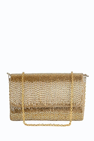 Gold Poly Silk Embellished Clutch by Tarini Nirula