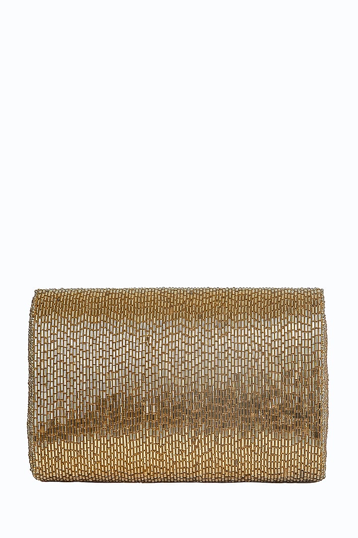Gold Poly Silk Embellished Clutch by Tarini Nirula at Pernia's Pop Up Shop