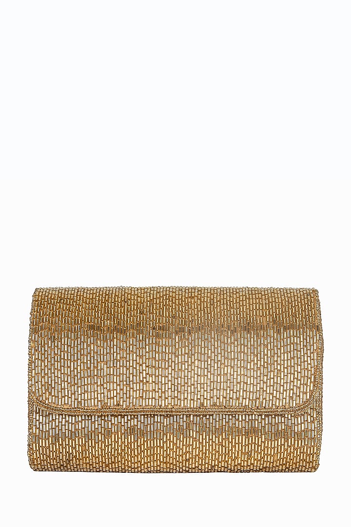 Gold Poly Silk Embellished Clutch by Tarini Nirula at Pernia's Pop Up Shop