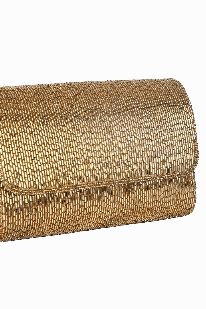 Gold Poly Silk Embellished Clutch by Tarini Nirula at Pernia's Pop Up Shop
