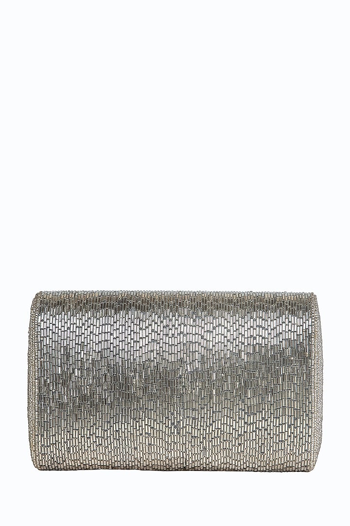 Silver Poly Silk Embellished Clutch by Tarini Nirula at Pernia's Pop Up Shop