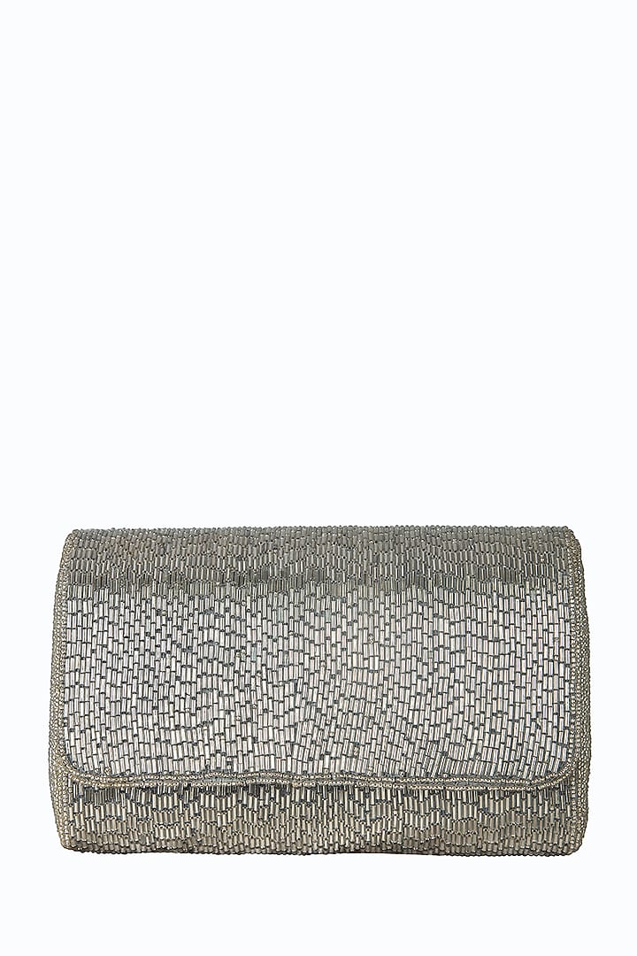 Silver Poly Silk Embellished Clutch by Tarini Nirula at Pernia's Pop Up Shop