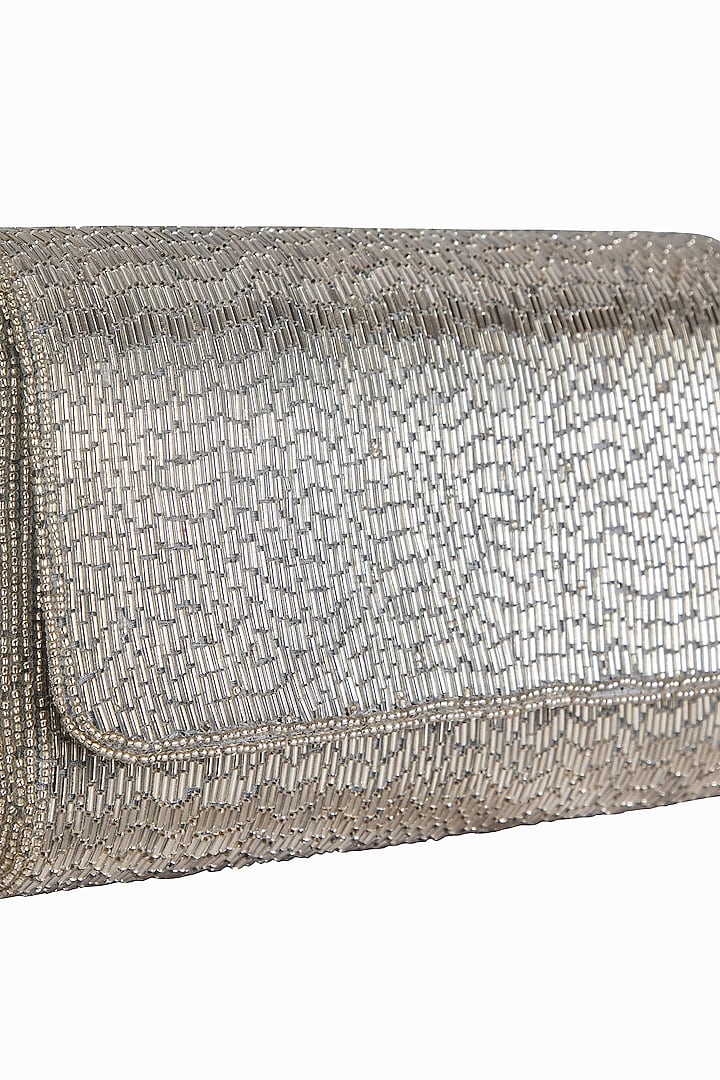 Silver Poly Silk Embellished Clutch by Tarini Nirula at Pernia's Pop Up Shop