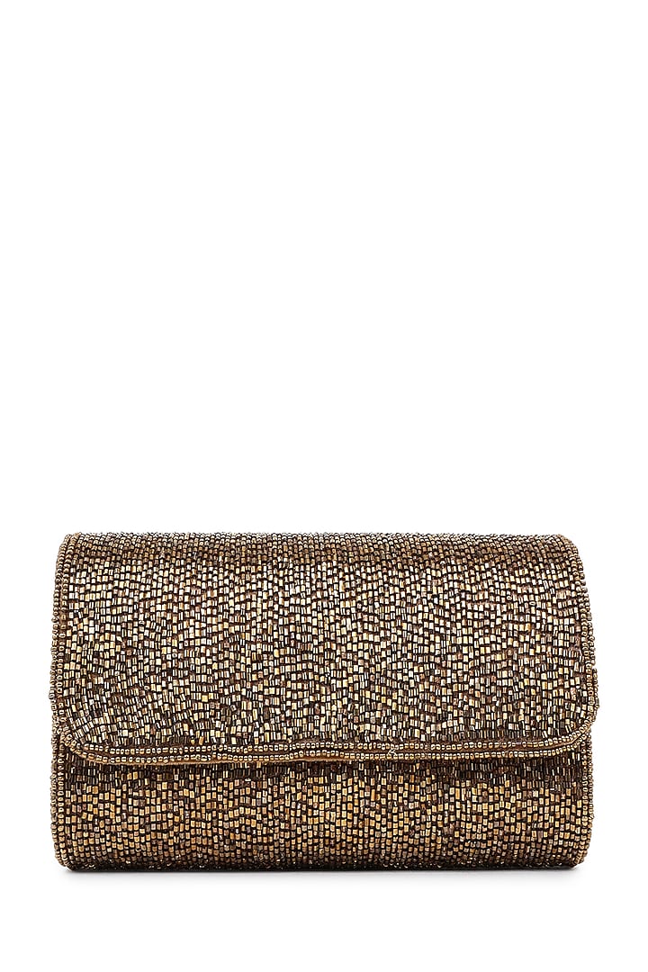 Bronze Poly Silk Embellished Clutch by Tarini Nirula at Pernia's Pop Up Shop